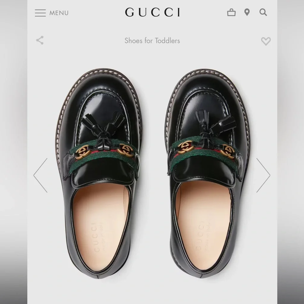 Gucci Black Leather Kids Tassel Loafers with Green and Red Web